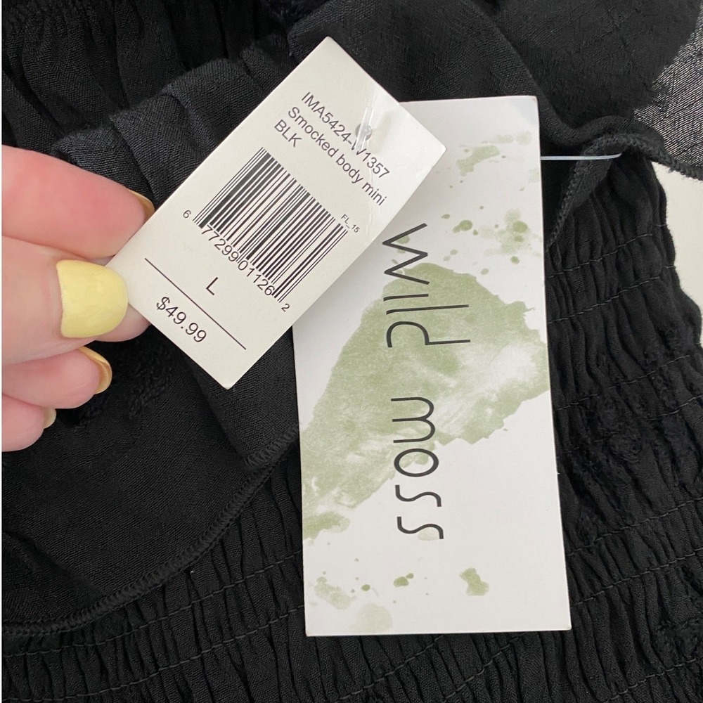 Wild Moss Womens Smocked Body‎ Mini Dress Black Floral Embroidered Ruffle L NWT - Picture 4 of 10